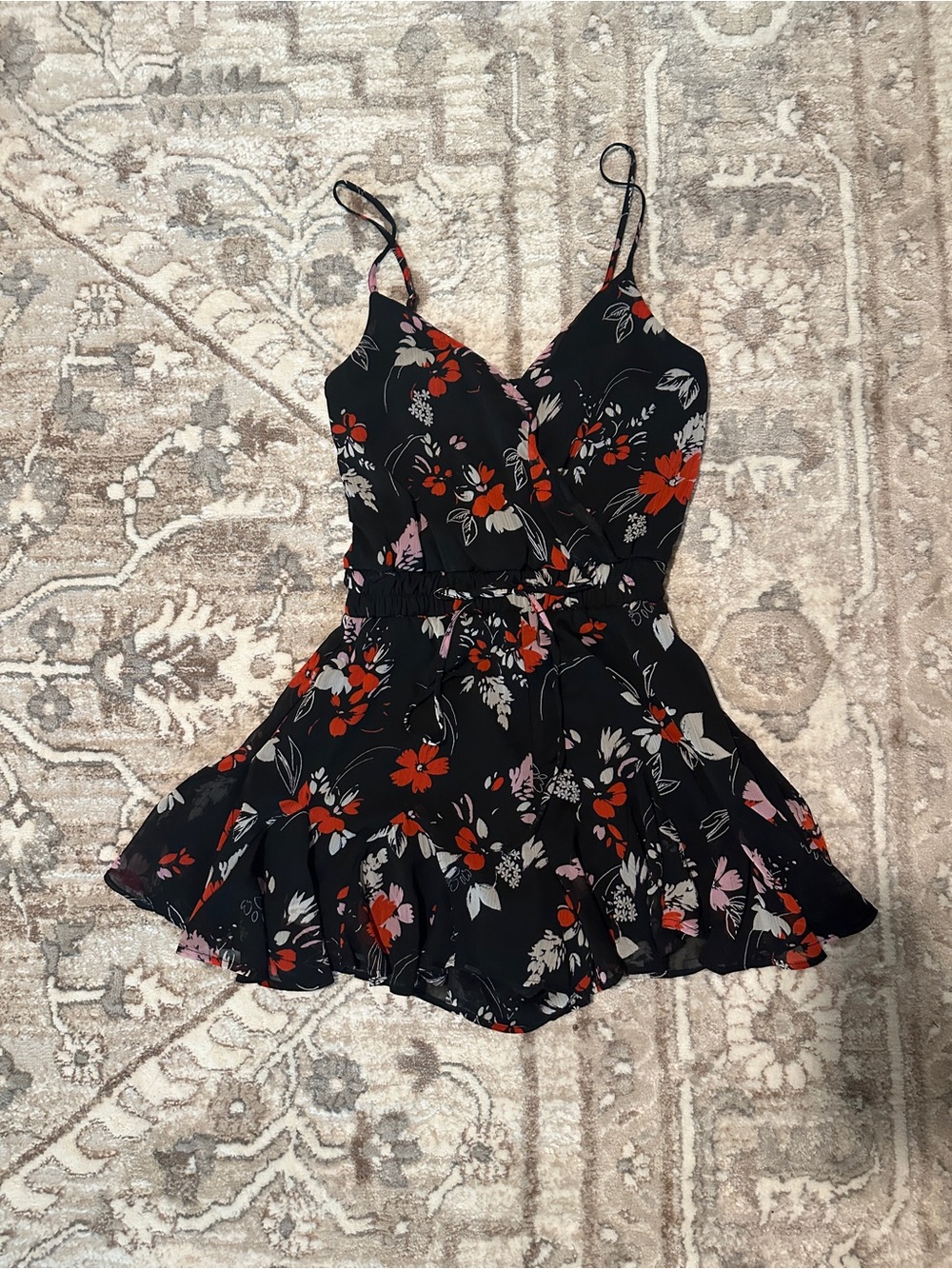 Black Floral Spaghetti-Strap Romper